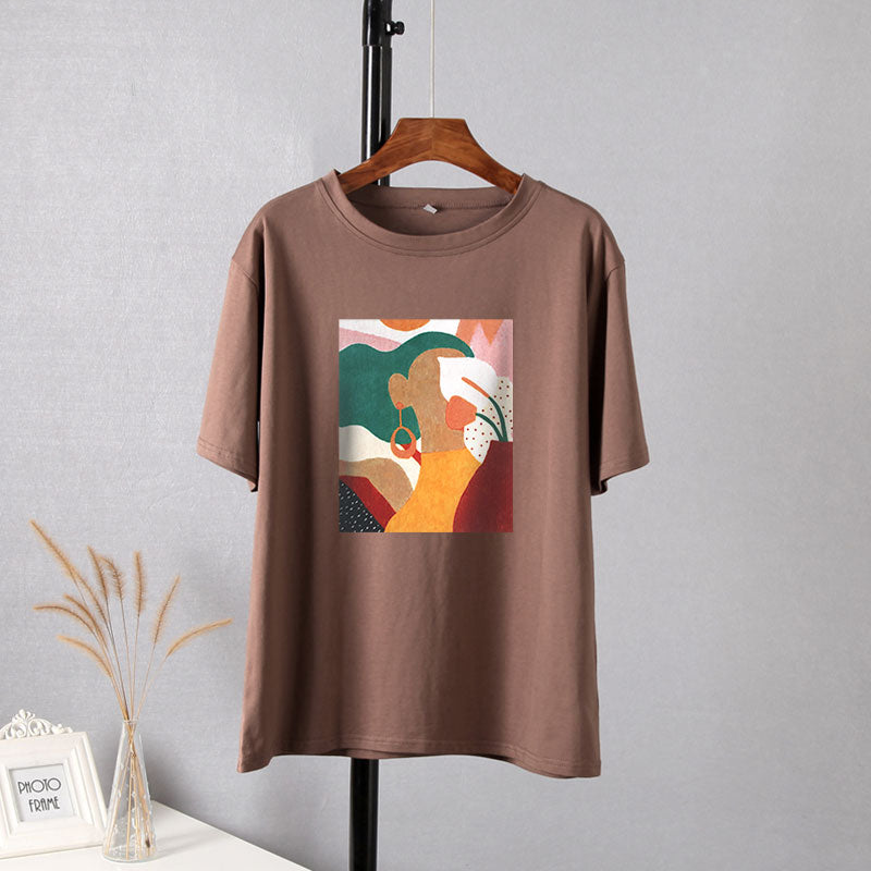 Hirsionsan Ästhetisch bedruckte T-Shirts Frauen 2021 neue weiche Vintage-lose T-Stücke abstrakte grafische Baumwoll-T-Shirts Sommer-beiläufige Oberteile