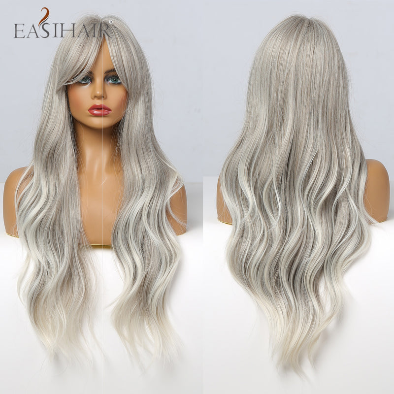 EASIHAIR Lange hellblonde Perücken im Ombré-Stil mit natürlichen Wellen, hitzebeständig, synthetische Perücken, Mittelteil, Cosplay-Perücken für Frauen