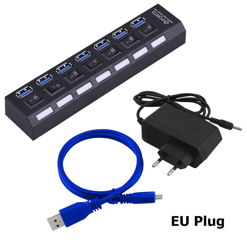 USB HUB 3.0 4 7 Port Usb Multi Splitter With Power Switch Supply Adapter For Macbook Pc Computer Laptops Notebook Accessories