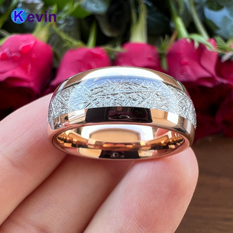 Rose Gold Womens Mens Weding Band Tungsten Ring Dome Band White Meteorite Inlay 6MM 8MM Comfort Fit