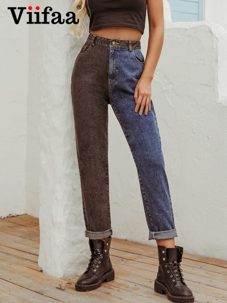 Viifaa Schwarz und Blau Zweifarbige Y2K Denim Jeans mit hoher Taille für Damen 2022 Reißverschluss Freizeithose Damen Gerade Jeans