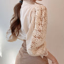 Chic Hollow Out Flower Lace Shirt Stand-Collar All-Match Summer Blouses 2022 Petal Sleeve Patchwork Women Top Femme Blusas 12419