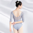 Women Black Mesh Dance Leotards Three Quarter Sleeve Ballet Leotards Adult Ballet Practice Dance Costume Gymnastics Leotards