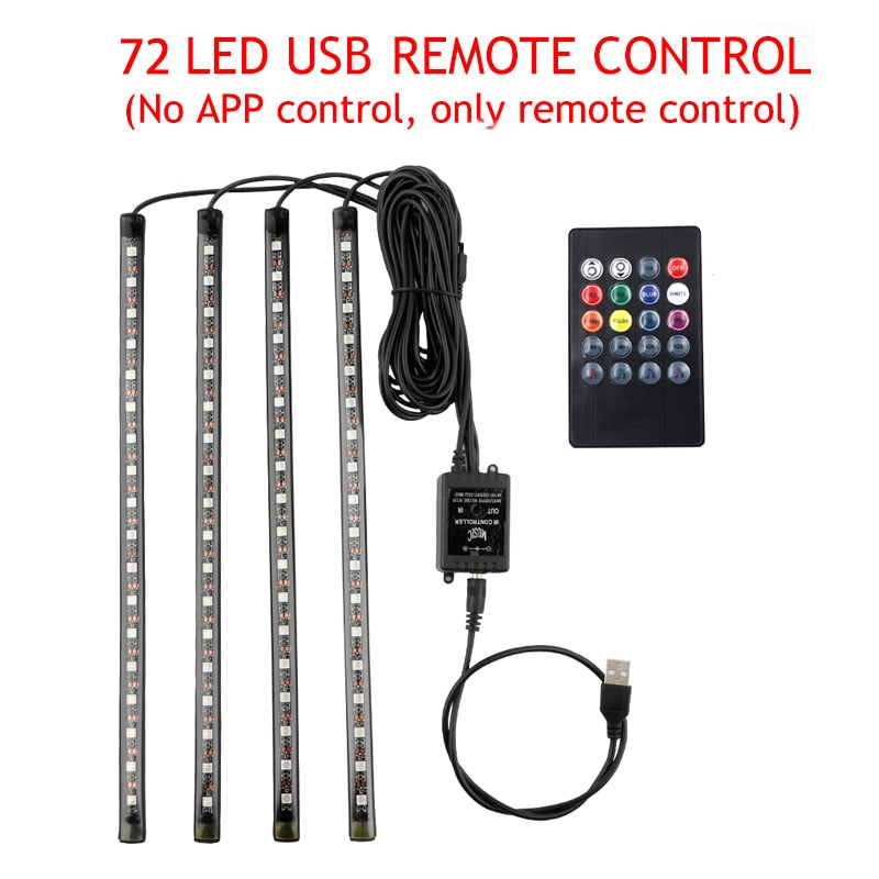 Luz LED para pie de coche, lámpara ambiental, aplicación USB, Control remoto de música, múltiples modos, luces decorativas interiores automotrices