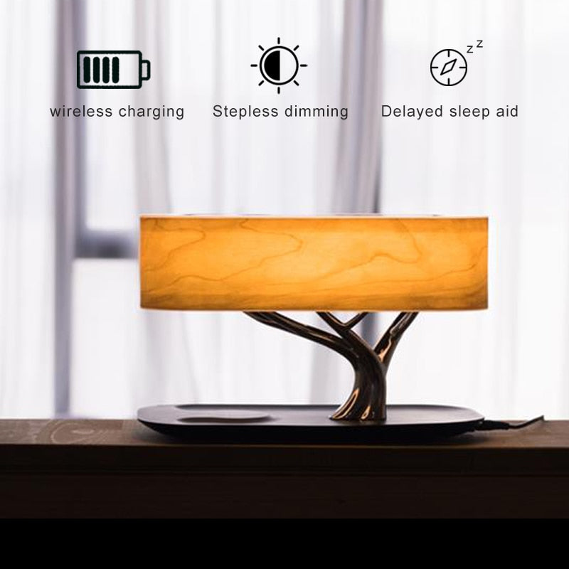 Decoración árbol luz lámpara de mesa música Bluetooth altavoz cama lámpara WiFi altavoz Led luz teléfono móvil QI carga inalámbrica para el hogar