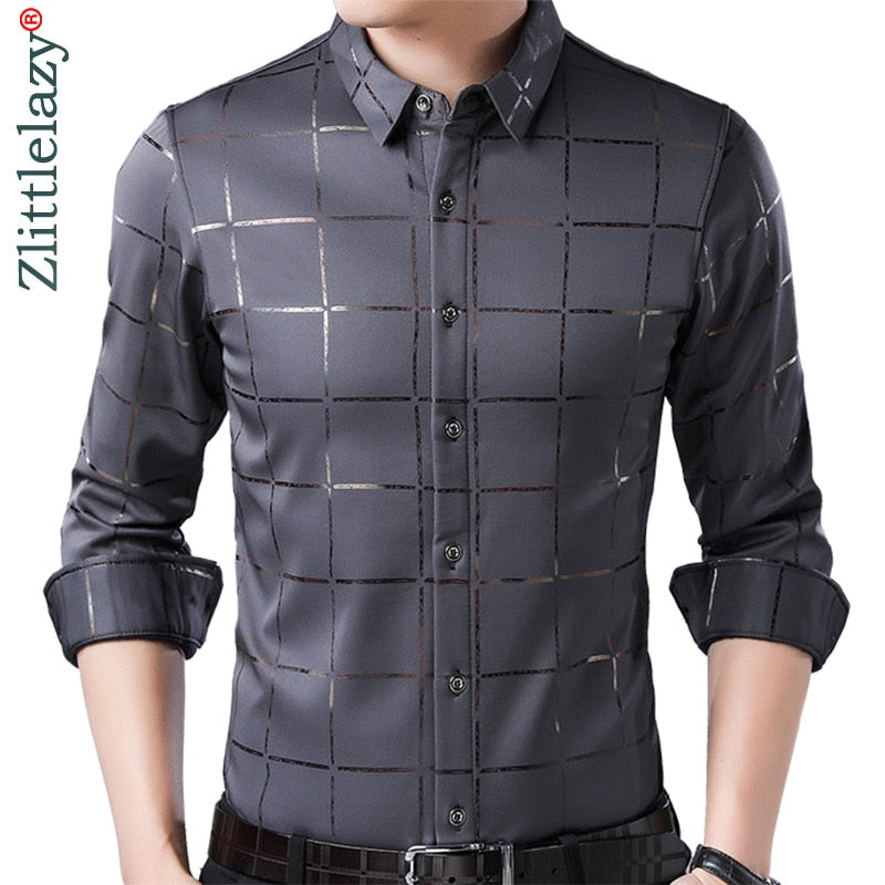 2022 marca Casual primavera lujo Plaid manga larga Slim Fit hombres camisa Streetwear Social vestido camisas hombres moda Jersey 2309