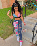 Pantalones vaqueros con estampado de Bandana para mujer, pantalones vaqueros ajustados desgastados, pantalones ajustados acampanados, ropa de calle para Fitness, Otoño Invierno