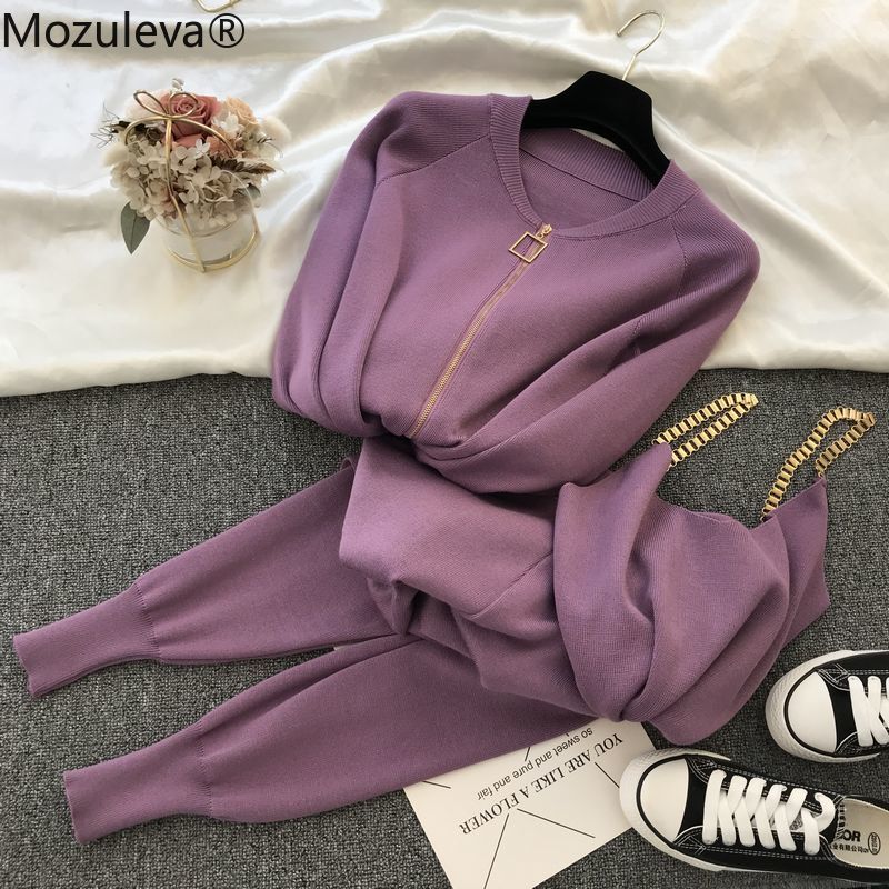 mozuleva  Women 2022 Autumn Winter Knitted  Vest Zipper Cardigans Pants 3pcs Sets Tracksuits Outfits