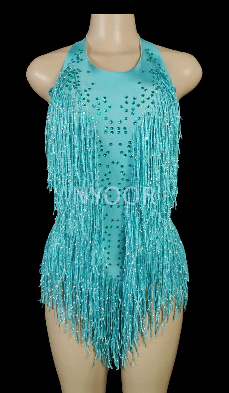 Sparkly Rhinestones Fringes Bodysuit Women Nightclub Outfit Glisten Dance Costume One-piece Dance Wear Singer Stage Leotard