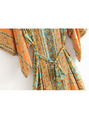 Vintage chic Women yellow Floral Print Sashes beach bohemian Kimono Ladies V Neck batwing Sleeves Maxi robe Boho bikini cover-up