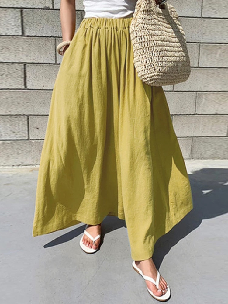 ZANZEA Oversized Women Wide Leg Pants 2022 Fashion Female Casual Elastic Waist Trousers Office Lady Loose Pockets Streetwear