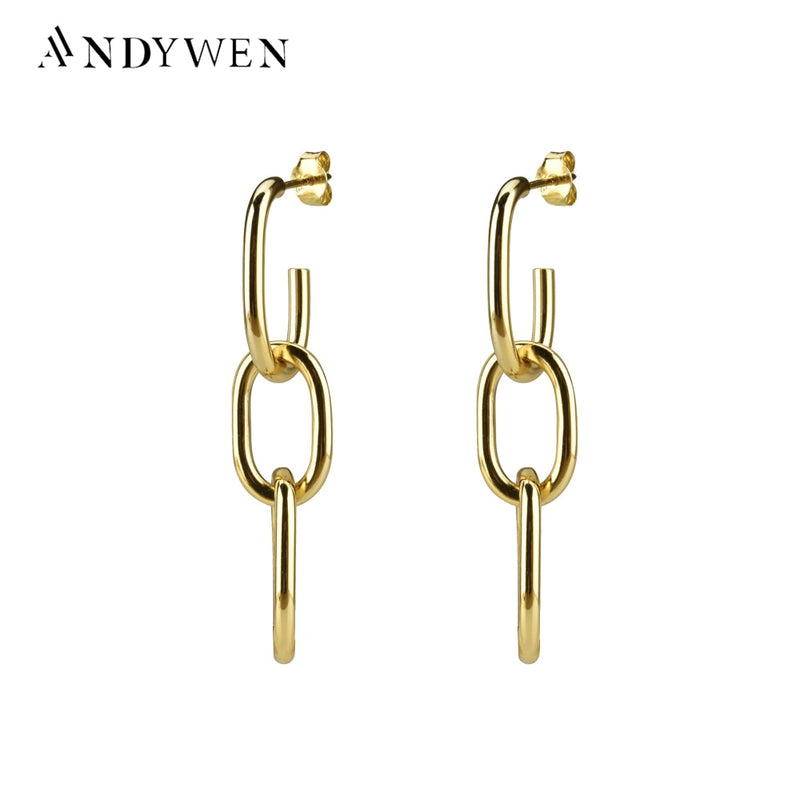 ANDYWEN 925 Sterling Silver Gold Ovals Long Chain Circle Hoops Loops Round Piercing Pendiente Women Ohrringe Earring Jewelry