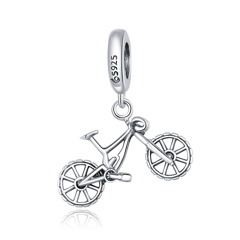 BISAER 100% 925 Sterling Silver Mountain Bike Charm Beads Transportation Pendant Fit DIY Making Bracelet Necklace Jewelry EFC384