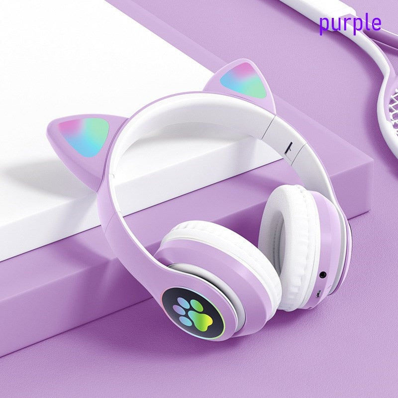 Flashing LED Cute Cat Ears Headphones Bluetooth Wireless Headset with Mic TF FM Kid Girl Stereo Music Earbud Kitten Earphon Gift