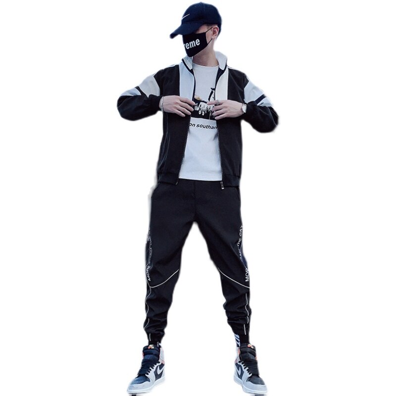 2023 Hip Hop Workwear jacket Mens Tracksuit Jacket+Pants 2PC Sets baseball loose Zipper Ribbons Coat &amp; Long Pants Mens Clothes