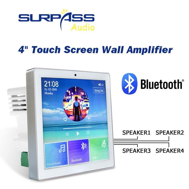 Smart Home Audio 4 canales inalámbrico Bluetooth en pared amplificador pantalla táctil, Radio empotrada, alimentación de tarjeta USB TF para altavoz