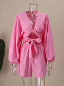 Women Casual Loose V Neck Crop Top And Straight Shorts Two Piece Set Female Solid Lace Up Long Sleeve Shirts Tops And Shorts Set