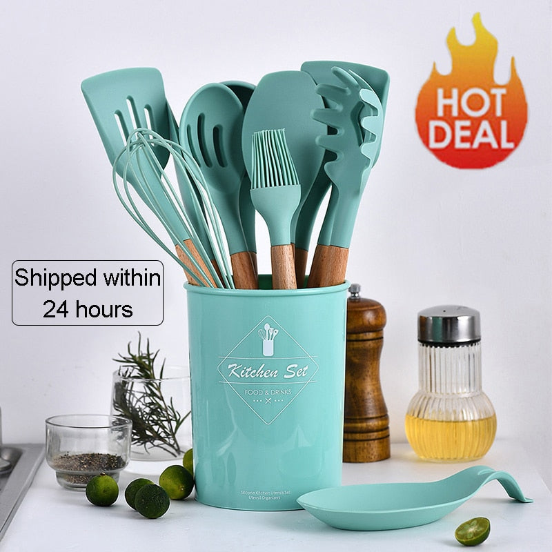 9-13Pcs Cooking Tools Set Premium Silicone Kitchen Cooking Utensils Set with Storage Box Turner Tongs Spatula Soup Spoon