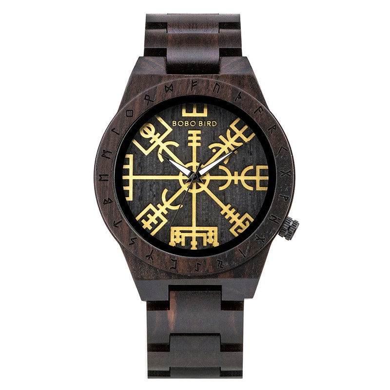 Handmade BOBO BIRD Wooden Watches Man Women Runic Circle Watch with Golden Helm of Awe Vegvisir Quartz Wristwatch Male