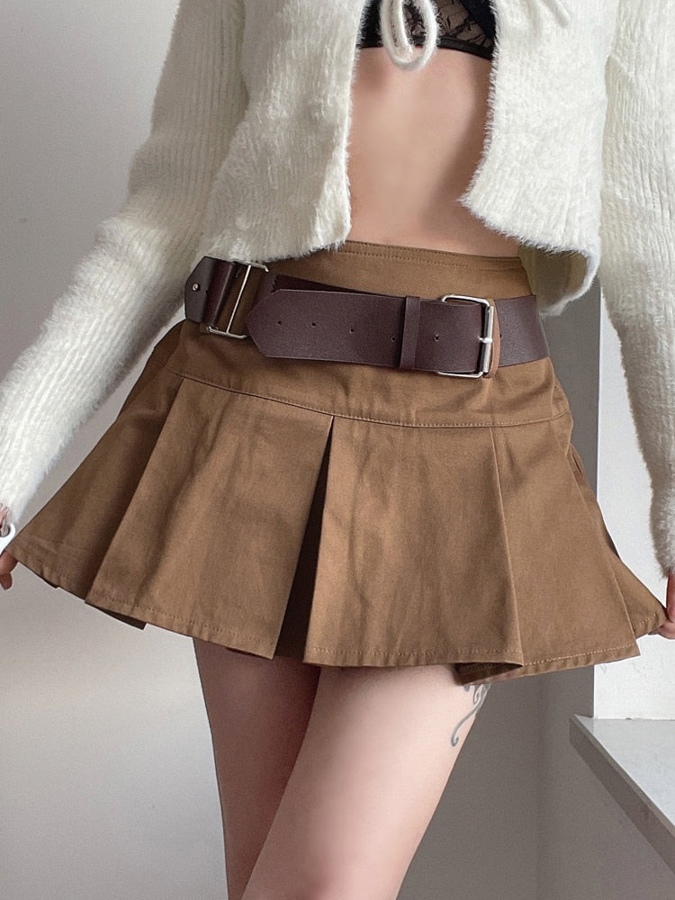 HEYounGIRL Lässiger brauner Falten-Minirock Damen hohe Taille kurze Röcke Damen mit Gürtel koreanische Mode 90er Sommerstraße