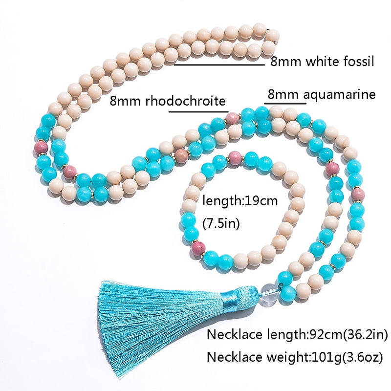 8mm White Fossil Aquamarine Beads108 Mala Necklace Bracelet Japamala Set Meditation Yoga Prayer Jewelry Tassel Rosary for Women