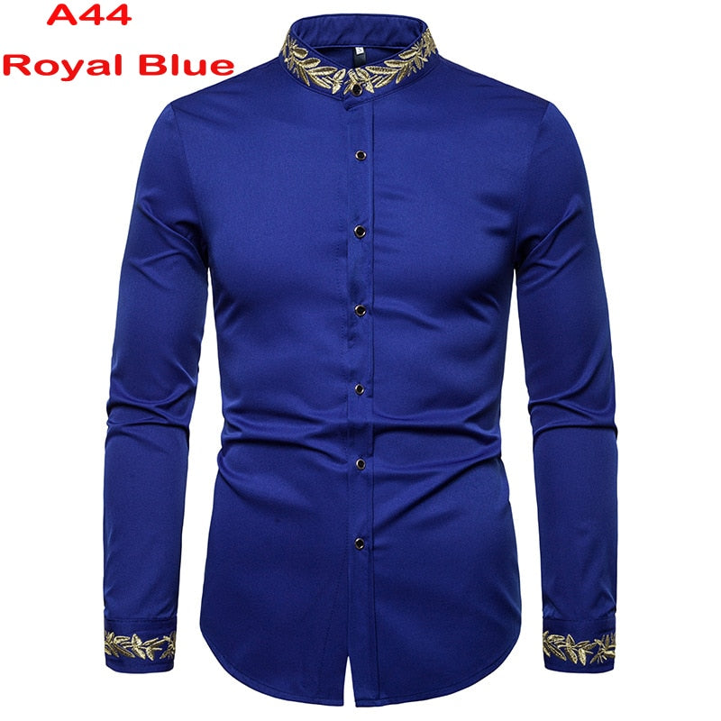 Camisas de vestir azul real para hombre, camisa de cuello mandarín con bandas de marca 2022, camisa informal de manga larga con botones y bolsillo 2XL para hombre