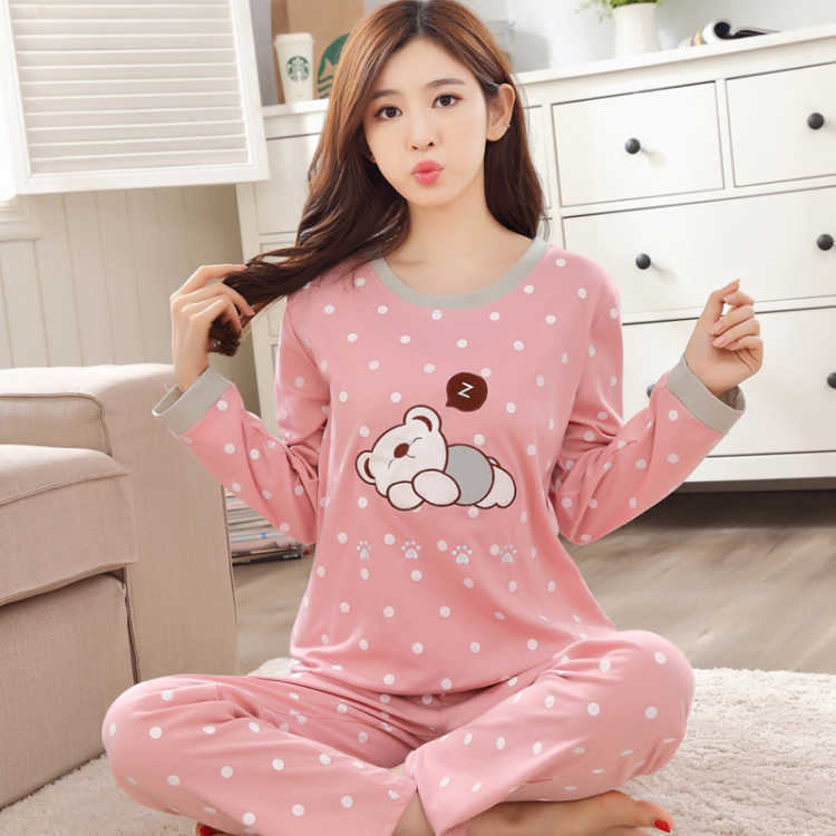 Autumn Thin 2pieces Pyjamas Set Women Sleepwear Lovely Home Suits 2021 Round Neck Girls Teacup SleepwearLong Sleeve Pajamas