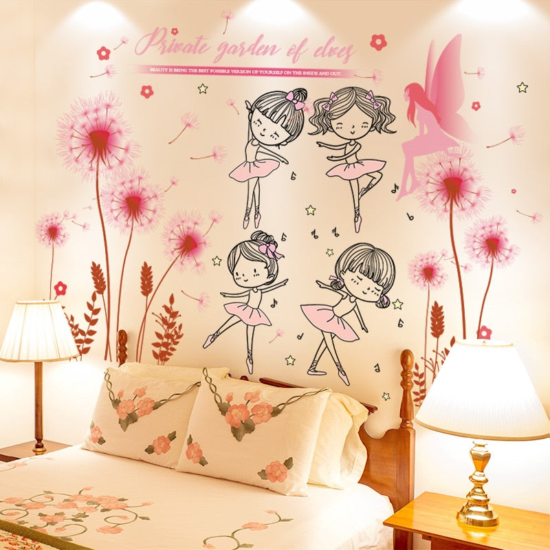 [shijuekongjian] Ballet Dancer Girl Wall Stickers DIY Flowers Plants Wall Decals for Kids Rooms Baby Bedroom Home Decoration