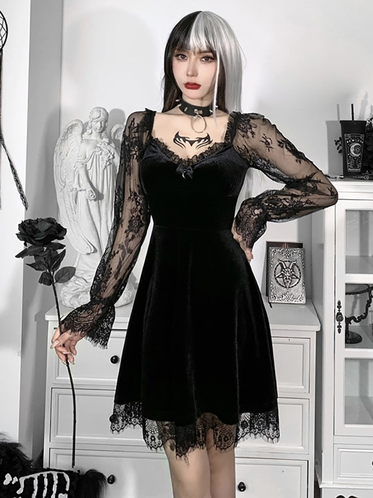 Gothic Dark Velour Gothic Aesthetic Vintage Kleider Damen Spitze Patchwork Grunge Schwarzes Kleid Langarm A-Linie Herbst Partywear