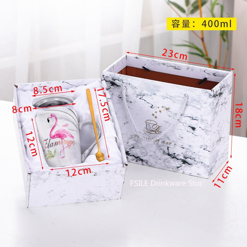 FSILE Marble Pattern Cup Gold Rim Mug Gift Box Set Coffee Cup  Couple Women Cup Flamingo Cup Ceramic with Hand Ceremony