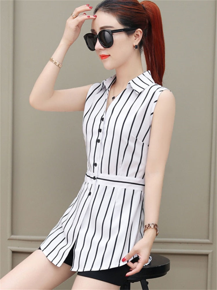 Women Spring Summer Long Style Chiffon Blouses Shirts Lady Casual Sleeveless Striped Turn-down Collar Blusas Tops DF1927