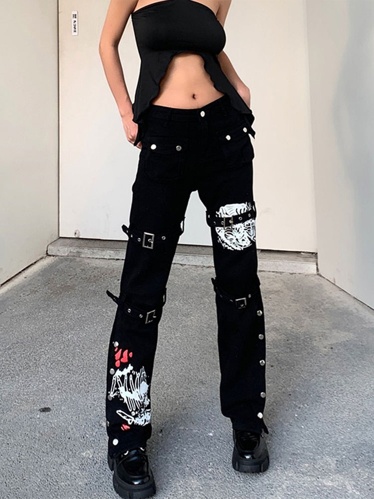 InsGoth Y2K Punk Skull Print Black Buckle Pants Harajuku High Waist Big Pocket Trousers Goth Mall Grunge Cargo Pants Techwear
