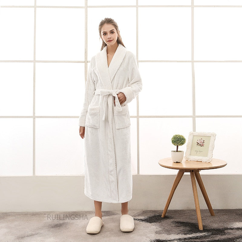 Men Long Thick Warm Flannel Bath Robe Plus Size Women Robes Coral Fleece Bathrobe for Winter Dressing Gown Male Kimono Sleepwear