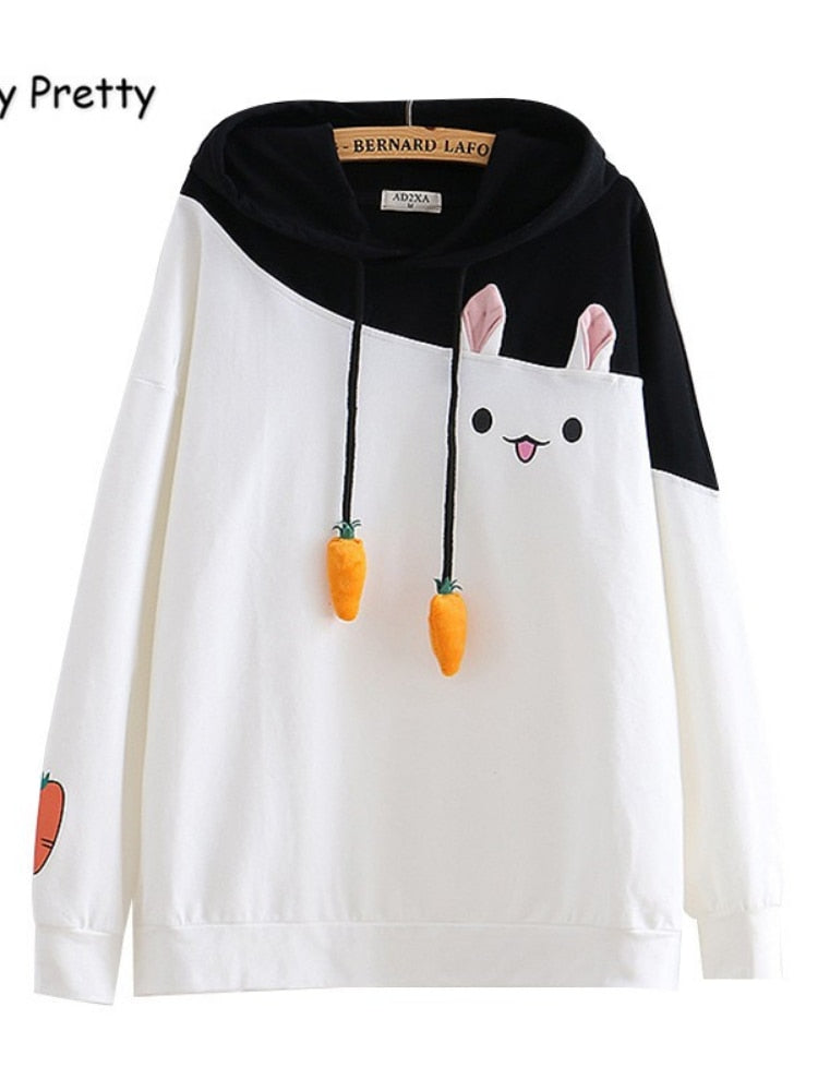 Merry Pretty Women Hoodies Animal Lovely Pullover Kawaii Rabbit Sweatshirt Cute Bunny Graphic Oberbekleidung Pink Black Hoodie Girls