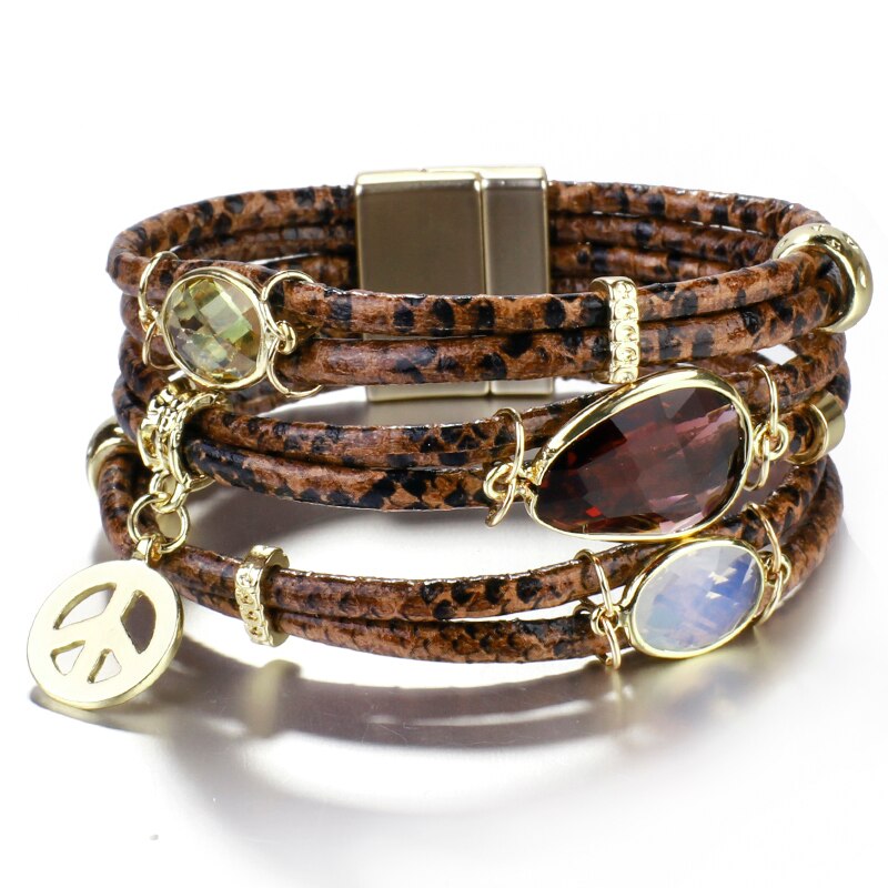 ALLYES Mulltilayer Snake Pulseras de cuero genuino para mujeres Peace Charm Animals Pattern Crystal Wrap Bracelet Joyería femenina