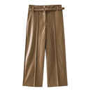 New Autumn Winter Women PU Leather Pants Belted High Waist Faux Leather Ladies Trousers Winter Pants Brand Wide Leg Pants 818G