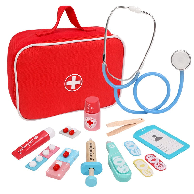 Juego de juguetes de doctor para niños, juego de simulación de madera para niños, juegos para niñas y niños, caja de medicina roja para dentista, bolsas de tela