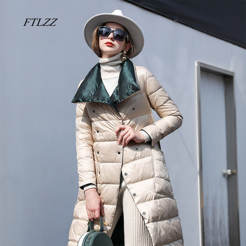 FTLZZ Women Double Sided Down Long Jacket Double Breasted Snow Outwear Warm Parka Stand Collar Lapel 90% White Duck Down Coat