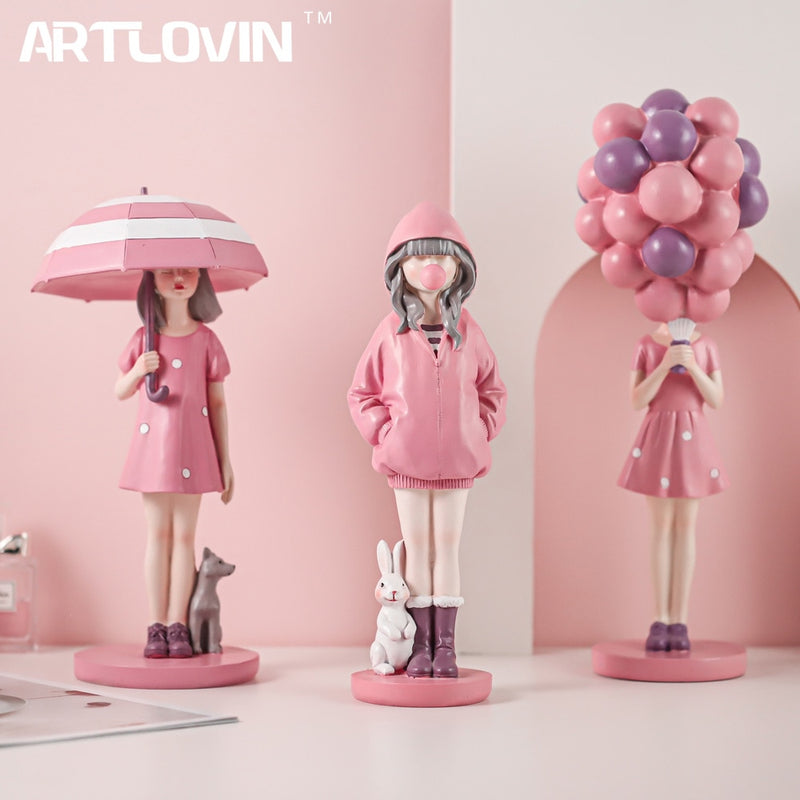 Figuritas modernas de niña con globo a la moda, niñas dulces rosas para decoración de habitación, regalo de cumpleaños distintivo elegante para niña, decoración Interior del hogar