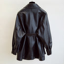 FTLZZ Slim PU Coats Women Faux Leather Jackets Vintage Motor Biker Jackets Elegant Tie Belt Waist Pockets Buttons Coats