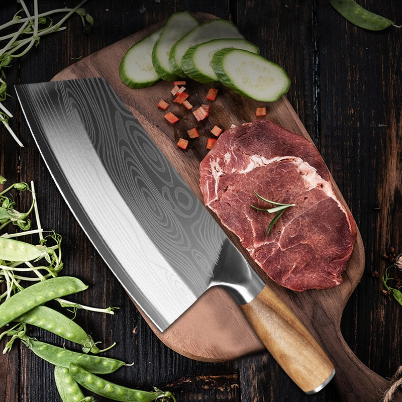 Kitchen Knife Damascus Laser Pattern Chinese Chef Knife Stainless Steel Butcher Meat Chopping Cleaver Knife Vegetable Cutter