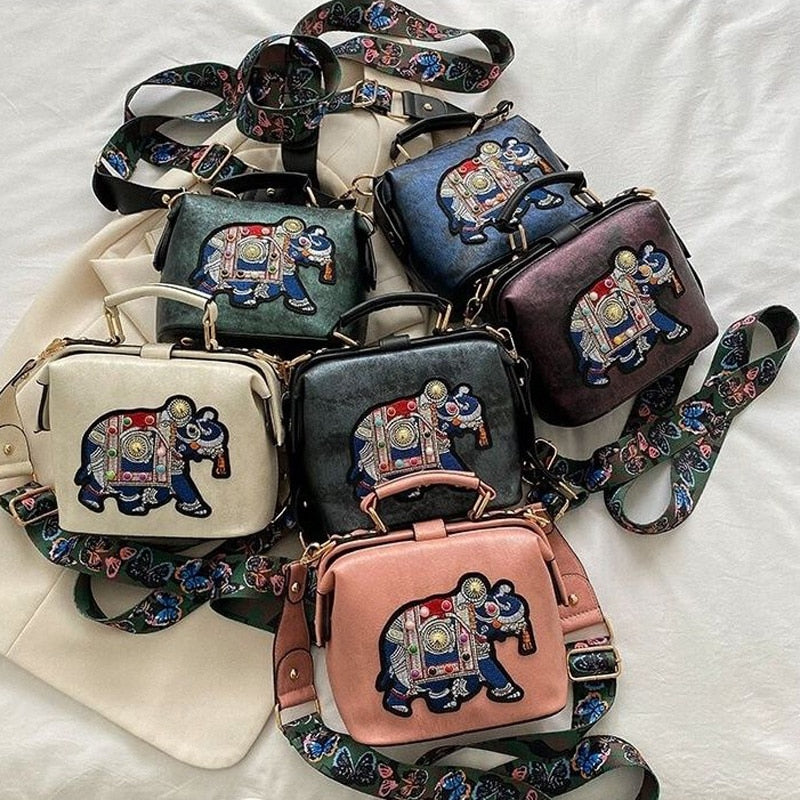 Vintage Embroidery Elephant Bag Bags Wide Butterfly Strap PU Leather Women Shoulder Crossbody Bag Tote Women&