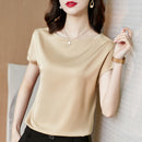 Office Lady Tops Blusas de manga corta de verano Blusa de satén Camisas de mujer Moda Simple Sólido Casual Camisa suelta Blusas 13377