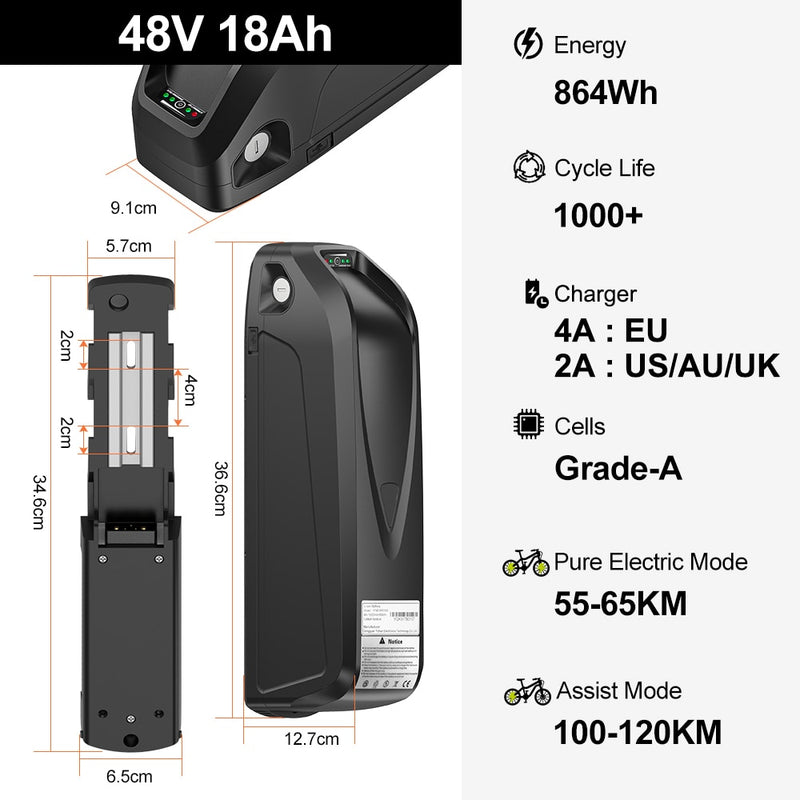 Elektrischer eBike-Akku Hailong Samsung 18650 Zellen Pack 52V 14Ah 48V 36V 13Ah 15.6Ah 17Ah 20Ah Leistungsstarker Fahrrad-Lithium-Akku