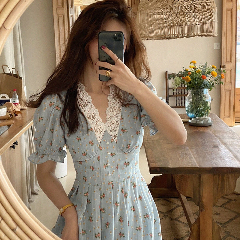 Vintage Floral Dress Women Elegant Lace Chiffon Korean Party Dress Puff Sleeve V Neck Midi Dress Fall Dresses for Women 2022