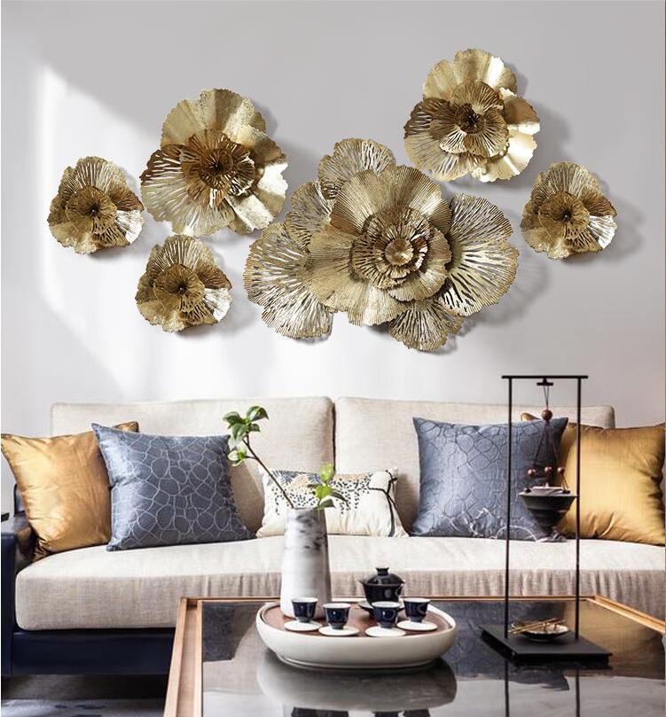 Modern Wrought Iron 3D Gold Flower Wall Mural Decoration Home Livingroom Wall Hanging Crafts Hotel Porch Wall Sticker Ornaments