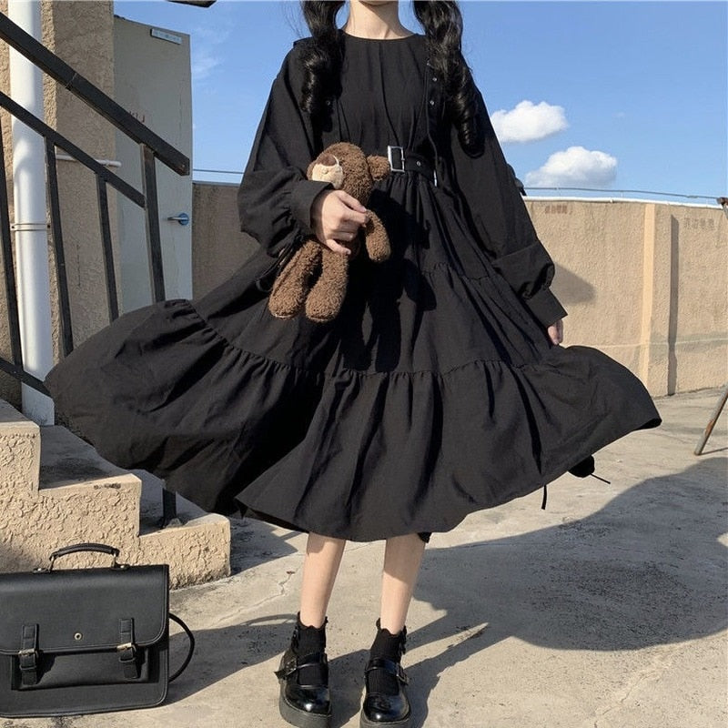 QWEEK vestido estilo gótico mujeres Harajuku gótico Lolita gótico Kawaii vestido Punk lindo manga larga negro Midi vestido 2021 Emo de gran tamaño