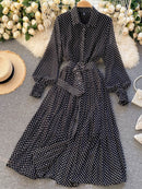 Spring And Summer French Vintage Maxi Dress 2021 Sundress Ladies Long Sleeve Orange Polka Dot Chiffon Pleated Dresses Femme Robe