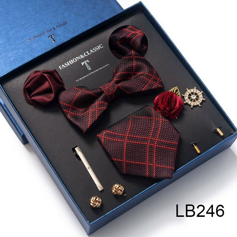 Envío Gratis, conjunto de corbata para hombre, caja de regalo de lujo, conjunto de corbata de seda, 8 Uds., embalaje interior, regalo festivo, pañuelos de bolsillo