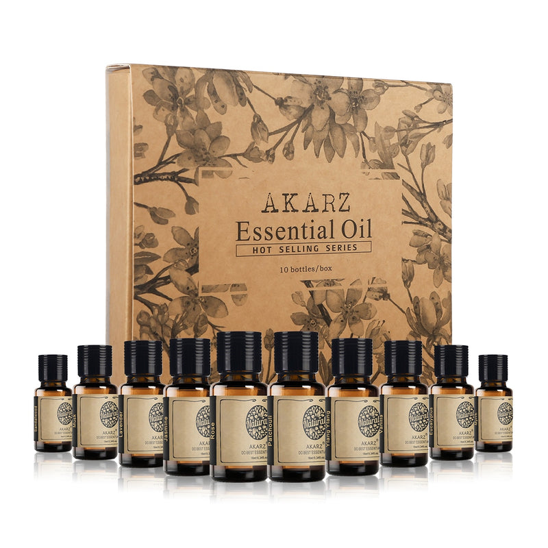 AKARZ Hots 10 Sets Sandalwood,Musk,Lavender,Jasmine,Rose,Patchouli,Ylang Ylang,Vanilla,Eucalyptus,Myrrh Essential Oil